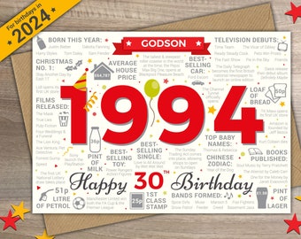 30th GODSON Happy Birthday Greetings Card - Born In 1994 Year of Birth Facts / Memories Red