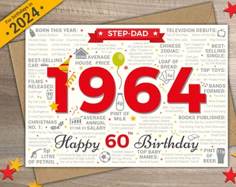 60th STEP-DAD Happy Birthday Card - Born In 1964 Year of Birth British Facts / Memories Red