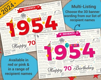 Happy 70th Birthday Greetings Card - Born In 1954 Year of Birth Facts / Memories MULTI-LISTING Choose Your Recipient