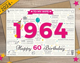 60th TO MY WIFE Happy Birthday Greetings Card - Born In 1964 British Facts Year of Birth / Memories Pink