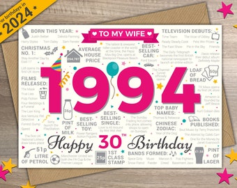 Happy 30th Birthday WIFE Greetings Card - Born In 1994 Year of Birth British Facts / Memories - Pink