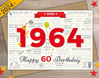 60th DAD Happy Birthday Card - Born in 1964 Year of Birth British Facts / Memories Red