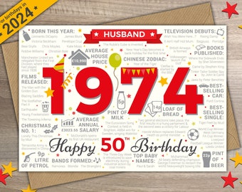 Happy 50th Birthday HUSBAND Greetings Card - Born In 1974 Year of Birth Facts / Memories Red