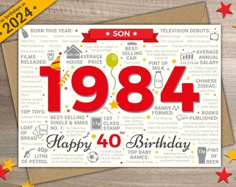 Happy 40th Birthday SON Greetings Card - Born In 1984 Year of Birth Facts / Memories Red