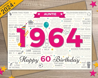 60th AUNTIE Happy Birthday Greetings Card - Born In 1964 British Facts Year of Birth / Memories Pink