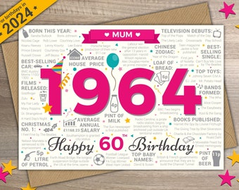 Happy 60th Birthday MUM Greetings Card - Born In 1964 British Facts Year of Birth / Memories Pink