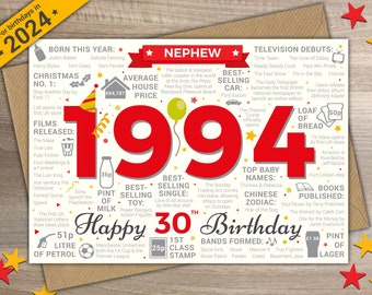 Happy 30th Birthday NEPHEW Greetings Card - Born In 1994 Year of Birth Facts / Memories Red