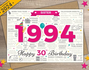 Happy 30th Birthday SISTER Greetings Card - Born In 1994 Year of Birth British Facts / Memories - Pink