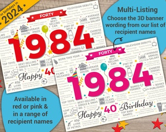 Happy 40th Birthday Greetings Card - Born In 1984 Year of Birth Facts / Memories MULTI-LISTING Choose Your Recipient