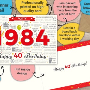 Happy 40th Birthday MALE / MENS FORTY Greetings Card Born In 1984 Year of Birth Facts / Memories Red image 2