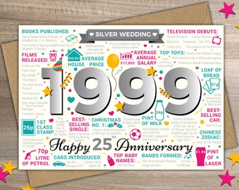 Happy 25th Anniversary SILVER WEDDING Greetings Card - Married In 1999 Year of Marriage Facts / Memories