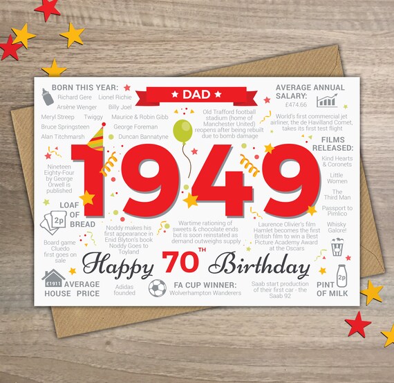 Happy 70th Birthday DAD Greetings Card Born In 1949 Year ...