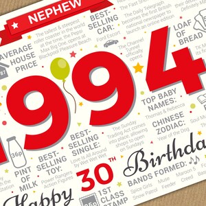 Happy 30th Birthday NEPHEW Greetings Card Born In 1994 Year of Birth Facts / Memories Red image 4
