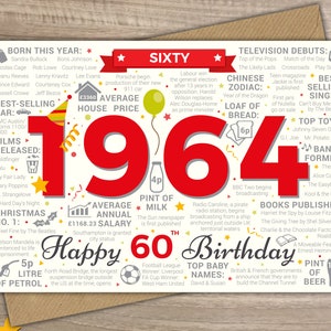 Happy 60th Birthday MALE / MENS SIXTY Greetings Card - Born In 1964 Year of Birth British Facts / Memories Red