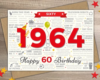 Happy 60th Birthday MALE / MENS SIXTY Greetings Card - Born In 1964 Year of Birth British Facts / Memories Red