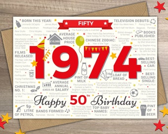 Happy 50th Birthday MALE / MENS FIFTY Greetings Card - Born In 1974 Year of Birth Facts / Memories Red