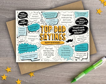 Könnte beinhalten: Eine weiße Karte mit blauem und grünem Rand. Die Karte zeigt eine Comic-Illustration eines Vaters mit einem Schnurrbart und einer Sprechblase, auf der "Top Dad Sayings" steht. Die Karte ist gefüllt mit humorvollen Sprüchen in Sprechblasen, wie z. B. "Ich bin nicht aus Geld gemacht" und "Du bist nicht gelangweilt, du bist langweilig!" Die Karte ist eine Geburtstagskarte für einen Vater.
