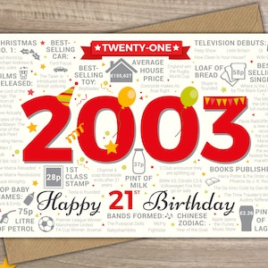 Happy 21st Birthday MALE / MENS Twenty-One Greetings Card - Born In 2003 Year of Birth British Facts / Memories Red