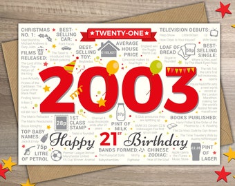 Happy 21st Birthday MALE / MENS Twenty-One Greetings Card - Born In 2003 Year of Birth British Facts / Memories Red