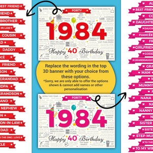 Happy 40th Birthday Greetings Card Born In 1984 Year of Birth Facts / Memories MULTI-LISTING Choose Your Recipient image 2