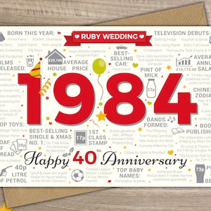 RUBY WEDDING Happy 40th Anniversary Greetings Card - Married In 1984 Year of Marriage Facts / Memories Red