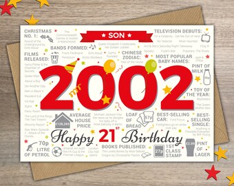 Happy 21st Birthday SON Greetings Card - Born In 2002 Year of Birth British Facts / Memories Red