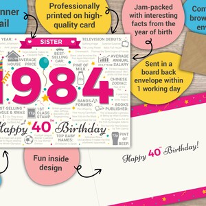 Happy 40th Birthday SISTER Greetings Card Born In 1984 Year of Birth Facts / Memories Pink image 2