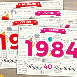 Happy 40th Birthday Greetings Card Born In 1984 Year of Birth Facts / Memories MULTI-LISTING Choose Your Recipient image 3