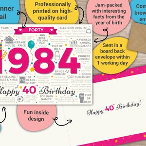 Happy 40th Birthday Greetings Card Born In 1984 Year of Birth Facts / Memories MULTI-LISTING Choose Your Recipient image 4