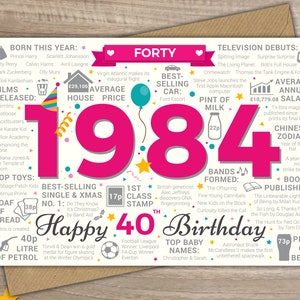 Happy 40th Birthday FEMALE / WOMENS FORTY Greetings Card - Born In 1984 British Facts Year of Birth / Memories Pink