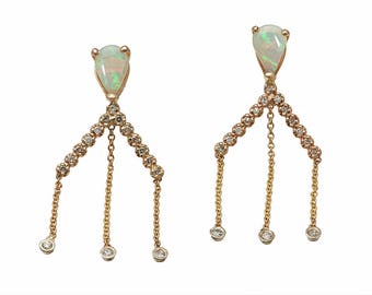 14K Gold, Diamond, and Opal Chandelier Earrings