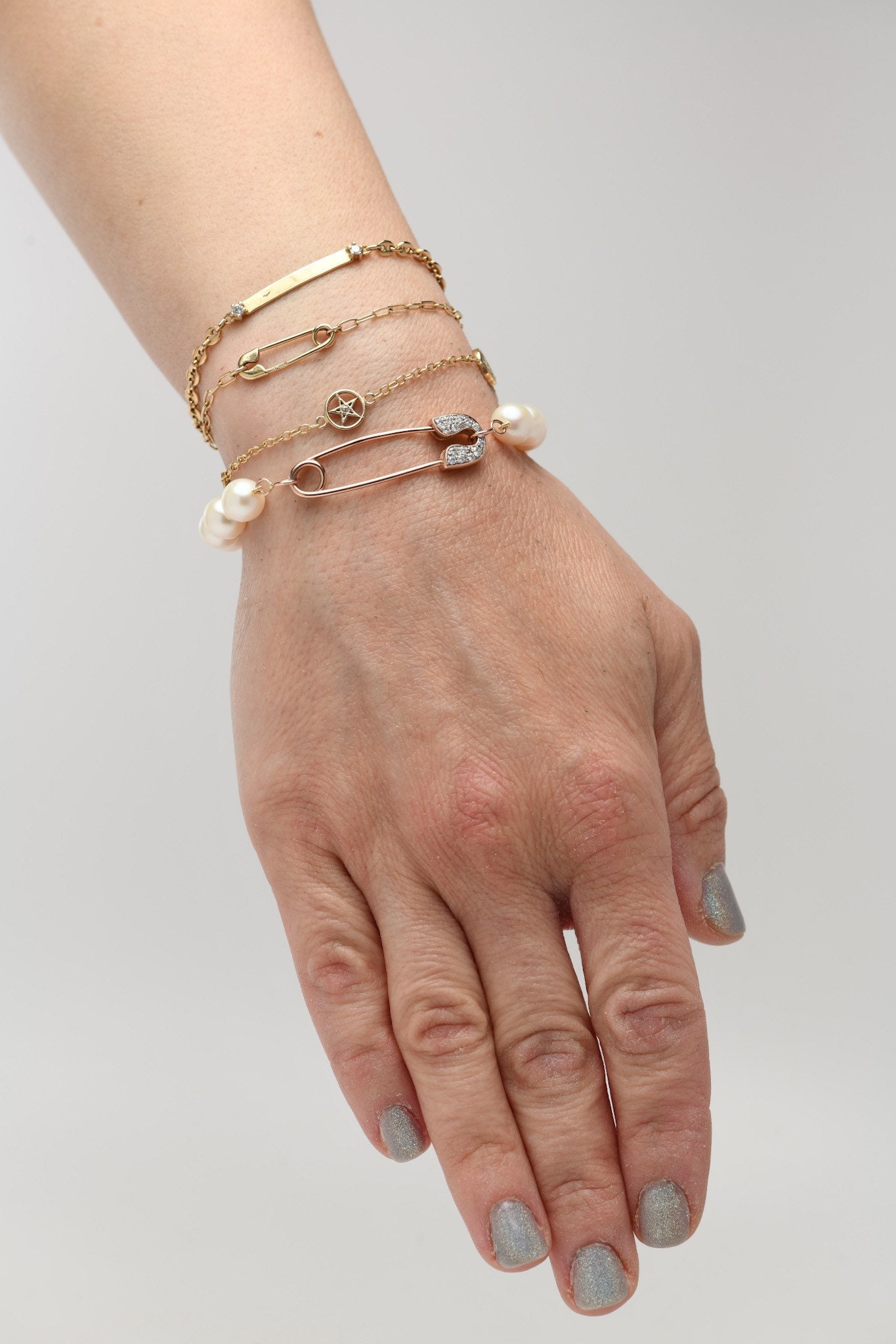 14K Gold Diamond Safety Pin Pearl Bracelet Etsy