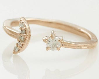 14k Gold and Diamonds Celestial Cuff Ring, 14K Gold Star and Moon Ring