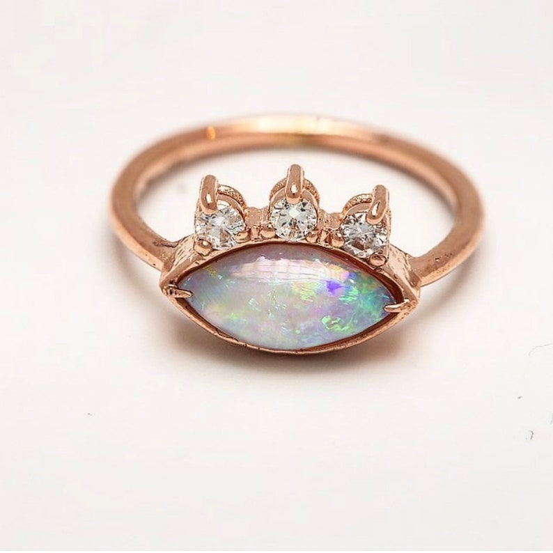 14 Karat Gold Opal Eye Ring, Evil Eye Ring, Opal Evil Eye Ring image 1