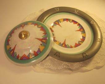 Vintage Art Deco Pewter Rimmed Porcelain Cake Plate and Casserole Cover