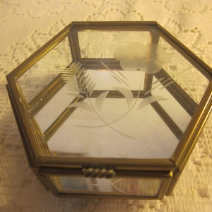 Vintage Brass Edged Glass Jewelry Box