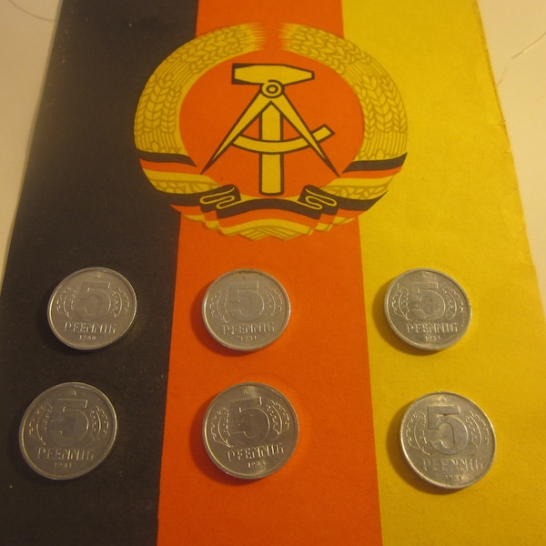 Vintage East German Five Pfennig Coins Minted in Cold War Division