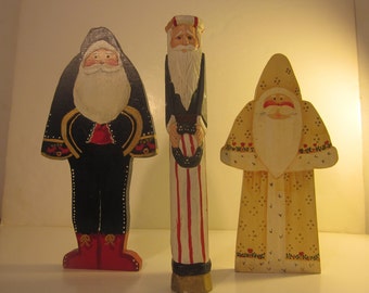 Three Folksy Santa Claus Hand Painted Wood Cutout Freestanding Ornaments