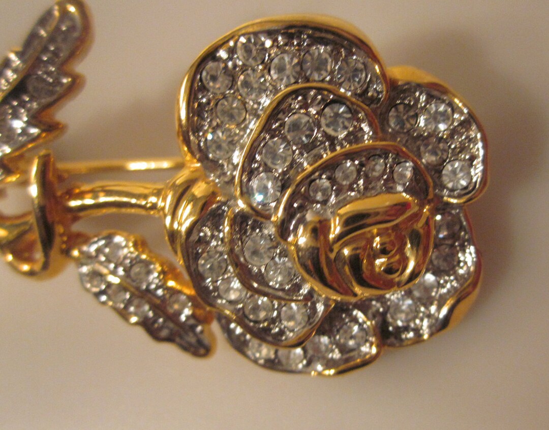 Vintage White Rose Brooch Studded White Rhinestones in Gold - Etsy