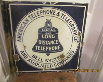 Vintage 1920s Bell System American Telephone Porcelain Enamel Sign