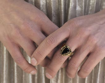 Orna Ring - Onyx Antique style texture Ring set on solid yellow bronze-made to order