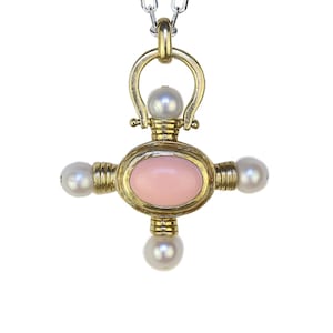 Agatha Synthetic Coral and Pearls cross necklace