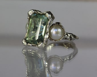 Calypso Green Crystal and Pearls ring made in sterling silver -made to order