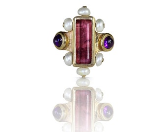 Tourmaline Amethyst and pearls multistone ring - made in silver and bronze