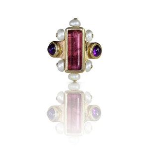 Tourmaline Amethyst and pearls multistone ring - made in silver and bronze