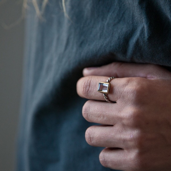 Emerald cut Clear Quartz handcarved statement ring-made to order