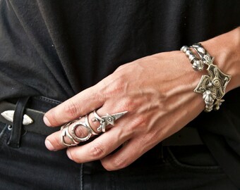 Triple warrior Armor Sterling silver ring set engraved goth style women made in solid sterling silver