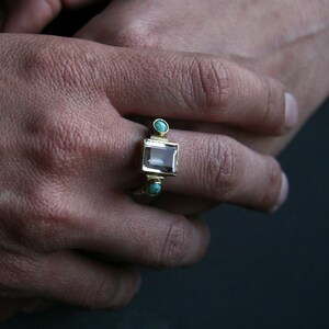 Turquoise and Emerald cut Clear Quartz in sterling silver and gold vintage style ring-made to order image 6