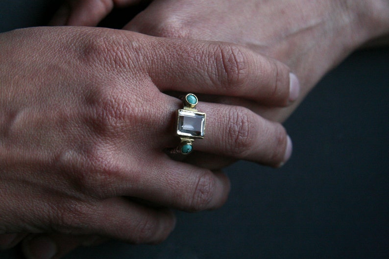 Turquoise and Emerald cut Clear Quartz in sterling silver and gold vintage style ring-made to order image 6