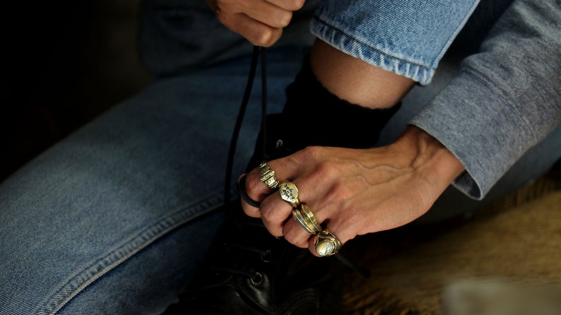 Aztec turquoise stones gold ring boho style made in solid bronze image 2